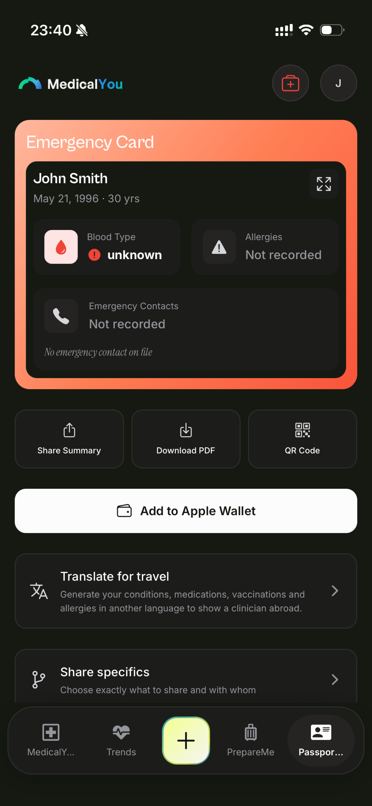 Passeport médical et carte d'urgence MedicalYou